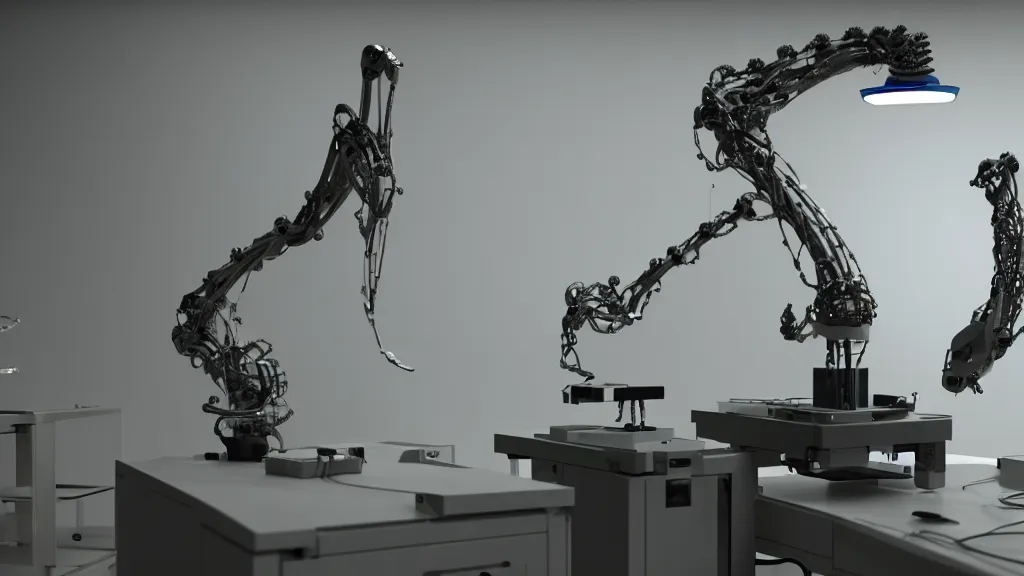 Prompt: a complex bifurcated robotic cnc surgical arm hybrid 3 d printer machine making organic ceramic kintsugi mandlebulb forms in the living room laboratory, film still from the movie directed by denis villeneuve with art direction by salvador dali, wide lens, f 3 2, cinematic lighting, studio quality, smooth render, unreal engine 5 rendered, octane rendered