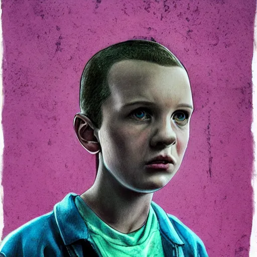 Prompt: portrait of Eleven from the stranger things by Mazzoni Marco,dark ,detailed ,flowers!!! portrait,