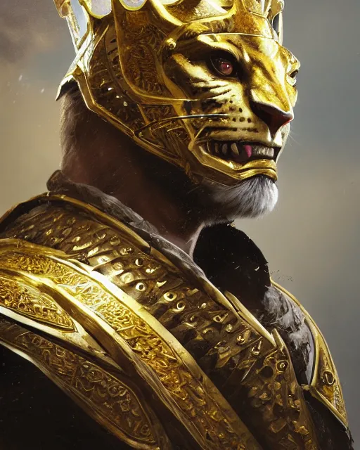 Image similar to hyper realistic king of babilon with the head of leopard full gold armour, photorealistic, 3 d render cinema 4 d, 8 k texture, concept art by greg rutkowski, ilya kushinov, gaston bussiere, craig mullins