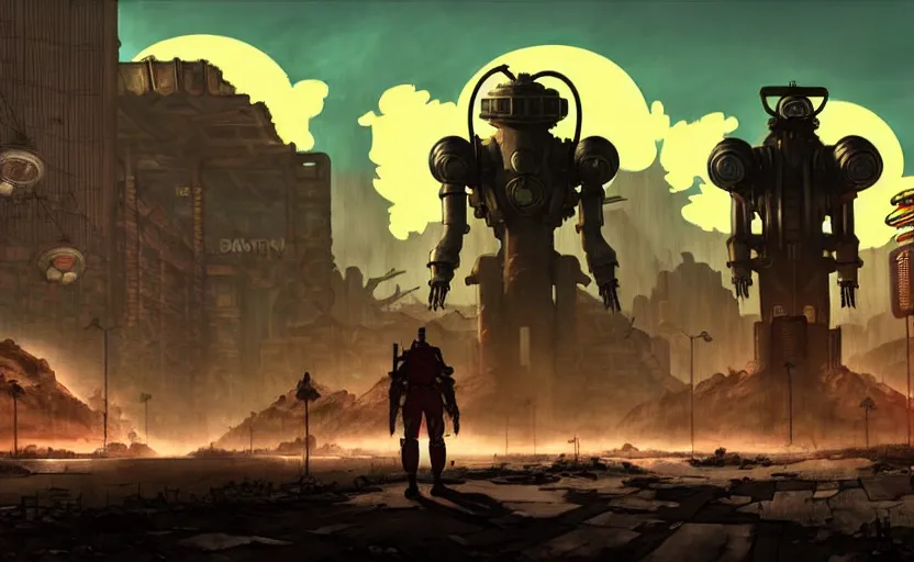 Image similar to fallout new vegas in an cyberpunk studio ghibli animated film, d & d, fantasy concept art, global illumination, beautiful composition, volumetric lighting, art by enki bilial, highly detailed