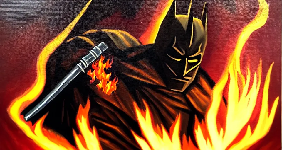 Image similar to An oil painting of a dark knight wielding a flaming sword