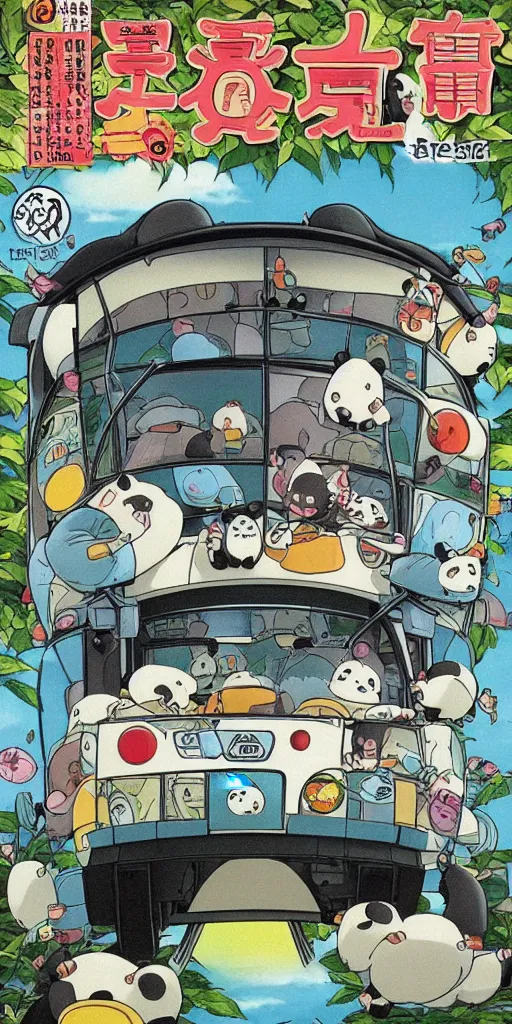 Image similar to a panda bus in like totoro, 1990s anime, full color, tarot card the chariot, highly detailed ,