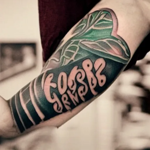 Prompt: arm tattoo written'unforeseen care'