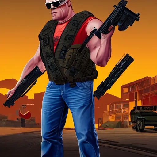 Prompt: Duke Nukem holding a bazooka, wearing a bandolier, with correct face, accurate face, with sunglasses and smoking a big cigar, 8k UHD hyper realistic, gta v street style, 1980s cars, with cinematic lighting, volumetric rays, fine art, artstation, masterpiece by vasnetsov