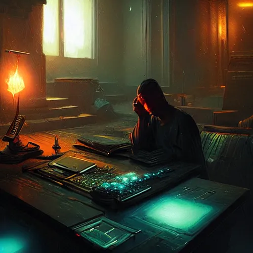 Image similar to sci fi cyberpunk fantasy art prompt magician studying casting spells with keyboard, by greg rutkowski ultrahd dark volumetric lighting hyper detailed unreal engine octane render