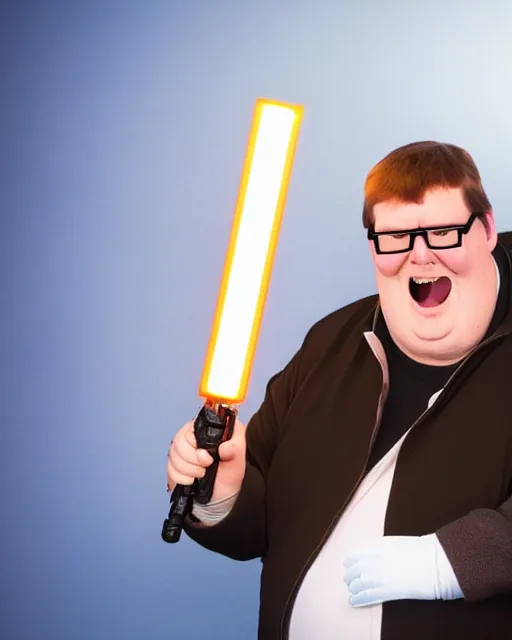 Image similar to Studio Photograph of a real life Peter Griffin from Family Guy dressed as Han Solo and Holding a glowing light saber, while standing next to him is the Alien Greedo holding a blaster gun, both photographed in the Style of Annie Leibovitz,