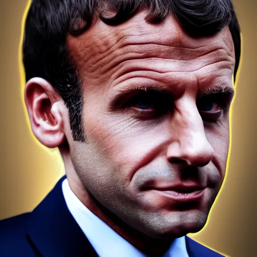 Image similar to digital art portrait of emmanuel macron with robot ears falling in the sun, 4k, sharp focus, Andreas Rocha