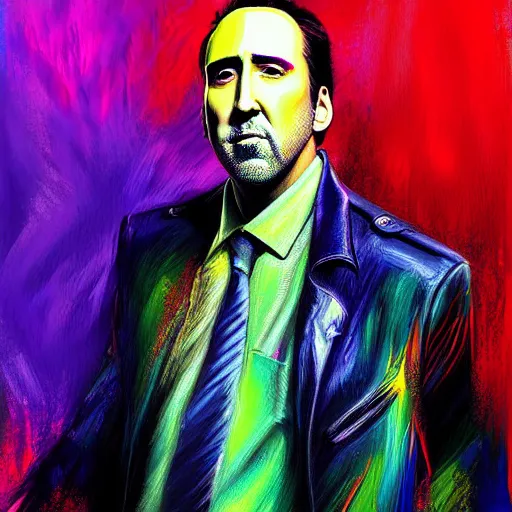 Prompt: a vibrant painting, portrait of Nicholas Cage , disco elysium style!!!, Aleksander Rostov, sketch art, digital painting, expressionism, noir