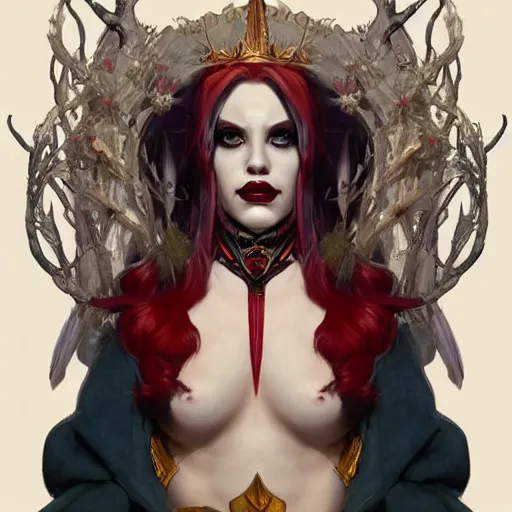 Image similar to portrait of harley quinn as a demon elf queen, forest, godlike, upper body, fantasy, intricate, elegant, highly detailed, digital painting, artstation, concept art, sharp focus, illustration, art by artgerm and greg rutkowski and alphonse mucha