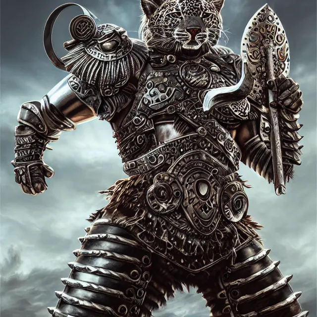 Image similar to warrior with metal jaguar armour, highly detailed, 4 k, hdr, smooth, sharp focus, high resolution, award - winning photo, artgerm, photorealistic