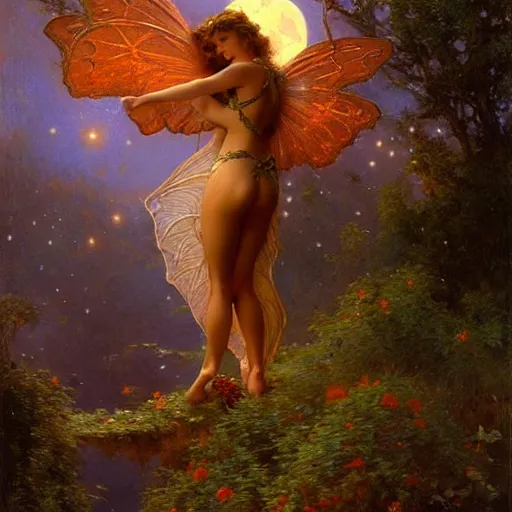 Image similar to attractive fairy magically floating high in the night, fantasy, full moon in background. highly detailed painting by gaston bussiere, craig mullins, j. c. leyendecker, sharp focus, 8 k