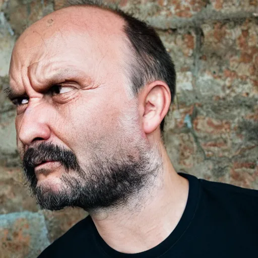 Image similar to an extremely angry, balding middle aged man looking at the camera