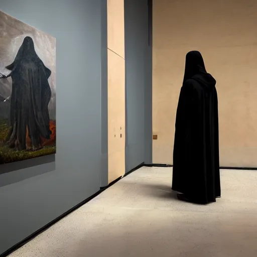 Image similar to the grim reaper standing stoic in black robe, waiting patiently, in a museum with paintings and people, perfect composition, by edmond leighton, simon stalenhag