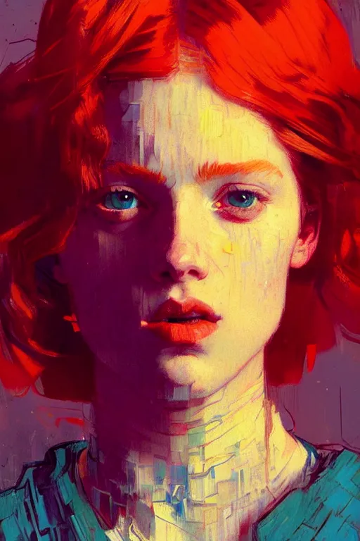 Image similar to portrait of a beautiful redhead girl, complementary colors, beautiful face, rule of thirds, intricate outfit, spotlight, by greg rutkowski, by jeremy mann, by francoise nielly, by van gogh, digital painting