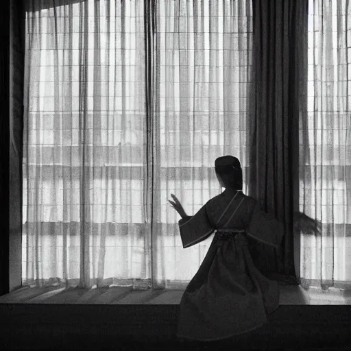 Image similar to woman in traditional hanbok waiting on living room couch, shadow of a giant Kaiju-eiga starfish, behind screen window, 35mm film still, monochrome, Wes Anderson, Fritz Lang