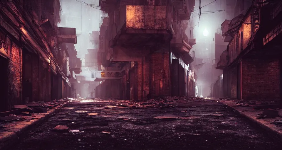 Prompt: looking down the crumbling street of an abandoned city at night, 3 d video game, gritty atmosphere, urban, octane render, unreal engine 5, moody colors, trending on artstation, ultra high detail, ultra realistic, cinematic, focused, 8 k