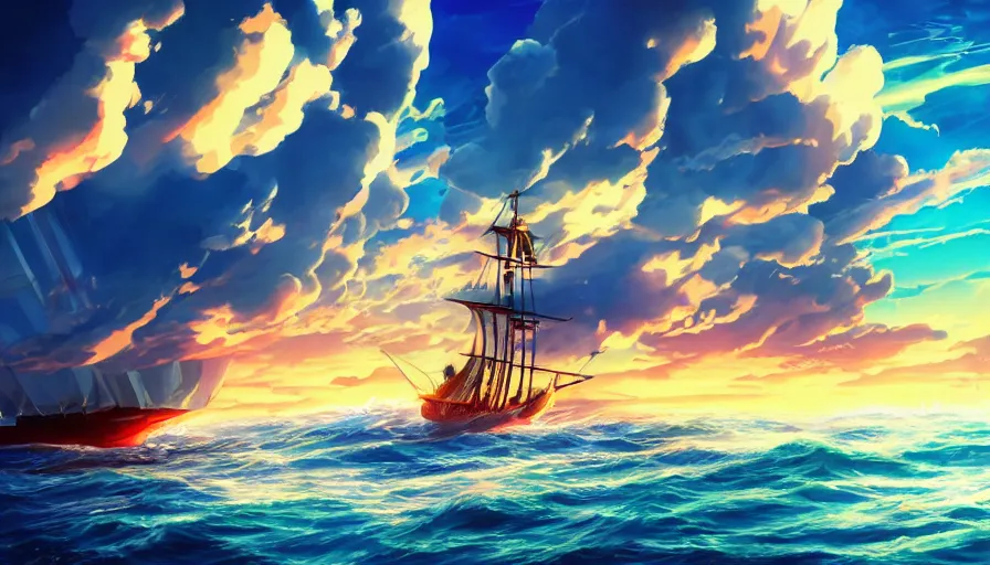 Image similar to thousand sunny from one piece ship sailing, dynamic blue sky, storm sky, sun sunset, with blue light piercing through clouds, makoto shinkai, royal blue colors, lighting refraction, volumetric lighting, pixiv art, highly detailed, anime art, symmetrical, wlop, anime art