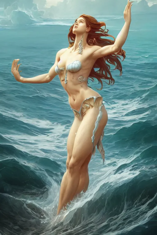 Prompt: goddess of the ocean, accurate anatomy, only two hands, highly detailed, digital painting, artstation, concept art, smooth, sharp focus, illustration, Unreal Engine 5, 8K, art by Ross Tran and greg rutkowski and alphonse Mucha and Frank Frazetta