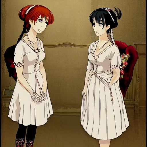 Prompt: a scene of two beautiful maids standing face to face , detailed anime art