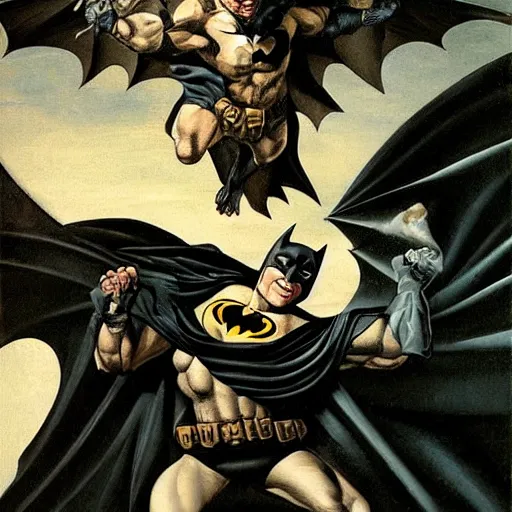 Image similar to batman on gargoyle, art by caravaggio, hyperdetailed