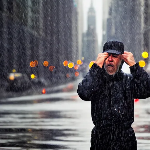 Prompt: closeup portrait of a man fishing in a rainy new york street, photography, expression