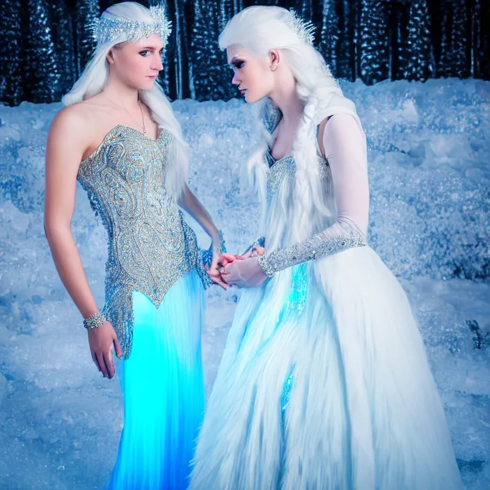 Prompt: photograph of a real-life beautiful ice queen in ornate dress comforting a woman. 8k