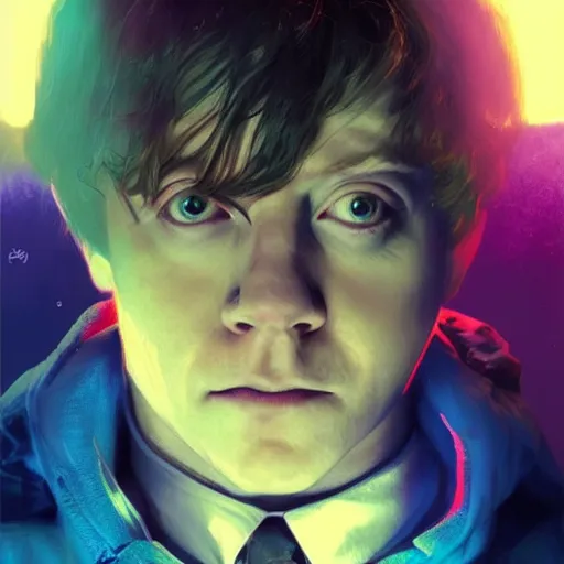 Image similar to portrait of Rupert Grint as Ron Wisly in cyberpunk, neon lighting, night city, digital art from artstation by Ruan Jia and Mandy Jurgens and Artgerm and william-adolphe bouguereau and Greg Rutkowski