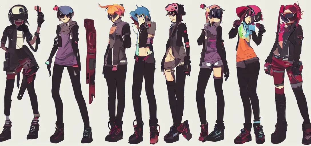 Prompt: character sheet concept art of female video game characters inspired by flcl, unique silhouettes, cute casual streetwear, by marc brunet and artgerm