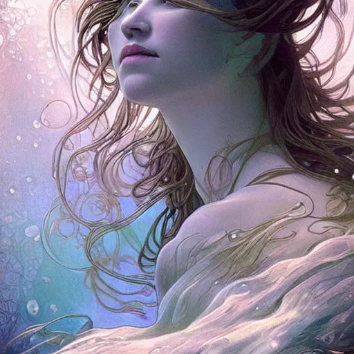 Prompt: an underwater photographic portrait of a dreaming anthropomorphic bioluminescent water wave, fantasy, intricate, elegant, highly detailed, digital painting, artstation, concept art, smooth, sharp focus, illustration, art by artgerm and h r giger and alphonse mucha