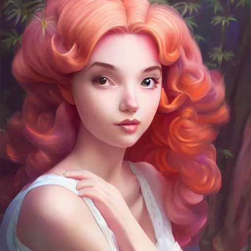 Prompt: a beautiful scenic painting of a beautiful young woman that looks like princess peach by artgerm and wlop and wes anderson and spike jonze