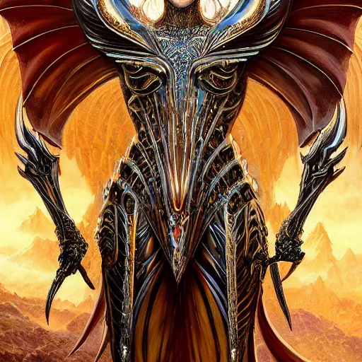 Image similar to a beautiful symmetrical muscular full body wearing a dragon armor with wings made of golden ornaments and gems, by alex gray and android jones , Karol Bak, Ayami Kojima, Amano , concept art, character design, fantasy,3D, 8k resolution