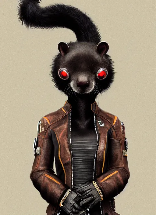 Prompt: cyberpunk anthropomorphic sable ferret, detailed fur, wearing leather jacket, medium shot portrait, digital painting, dynamic lighting, trending on ArtStation