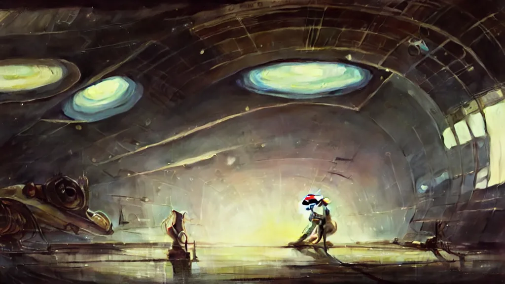 Image similar to a film still of a 1 9 5 0's mechanic anime girl repairing ufo in big hangar inside spaceship, sharp focus, finely detailed features, full body mid shot, perfect art, trending on pixiv fanbox, painted by gaston bussiere, makoto shinkai, akihiko yoshida, gaston bussiere, craig mullins