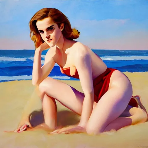 Image similar to pinup art of emma watson as hermione granger in a beach, artwork by greg manchess, medium shot, asymmetrical, organic painting, sunny day, matte painting, bold shapes, hard edges, street art, trending on artstation, by huang guangjian and gil elvgren and sachin teng 1 9 5 6