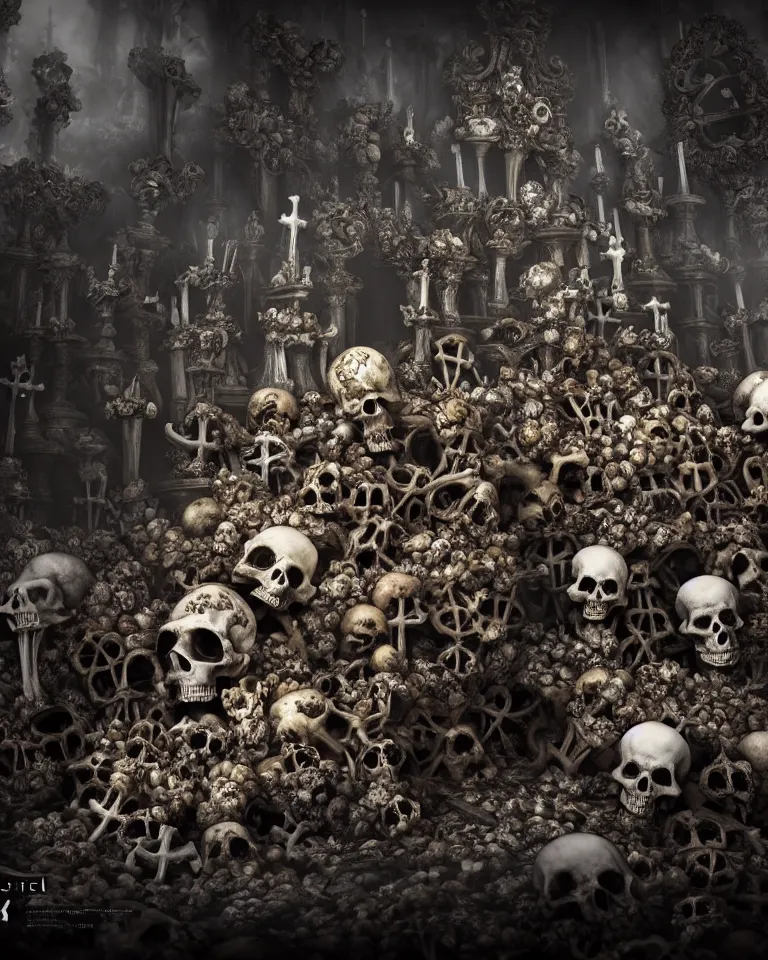 Image similar to full color, low wide shot of sedlec ossuary, bones, anime style mixed with fujifilm, dark, foggy, atmospheric, artstation, cgsociety, octane render, cgi, unreal engine 5, denoise, detailed, cinematic masterpiece