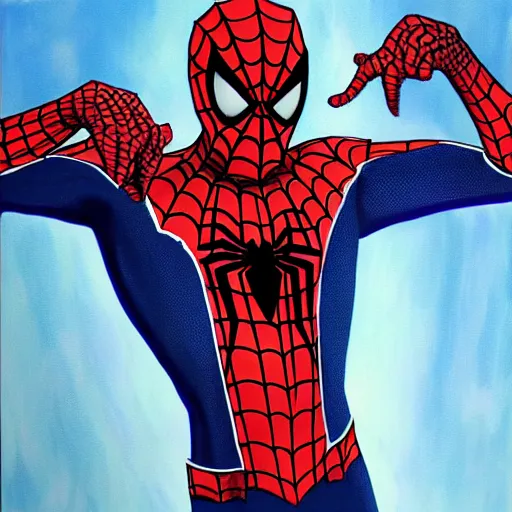 Image similar to jerma 9 8 5 as spiderman, jerma 9 8 5 in spiderman costume, jerma 9 8 5 is spiderman, high quality painting