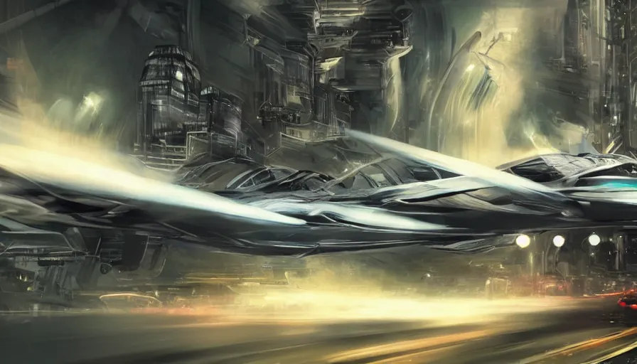 Image similar to Oldtimer Car with Jet Engines for wheels flying through a futuristic city, action shot, concept art, highly detailed