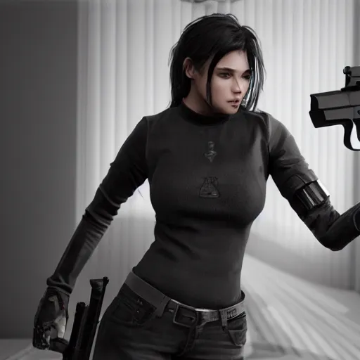 Prompt: photograph of a young woman wearing a all black clothes holding a Gun, detailed, artstation, concept art, Unreal Engine 5 render, gameplay showcase, 8K