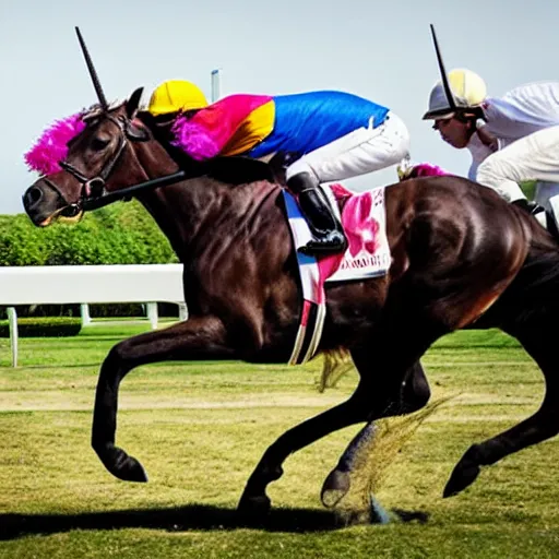 Prompt: A horse race but with unicorns, sports photography