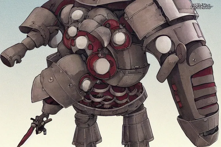 Image similar to heavily armoured mechanical chicken by studio ghibli