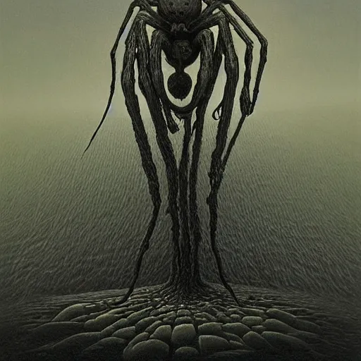 Image similar to huge spider-like creature by Zdzisław Beksiński, caretaker, cosmic horror, darkwave, concept by Alastair Reynolds