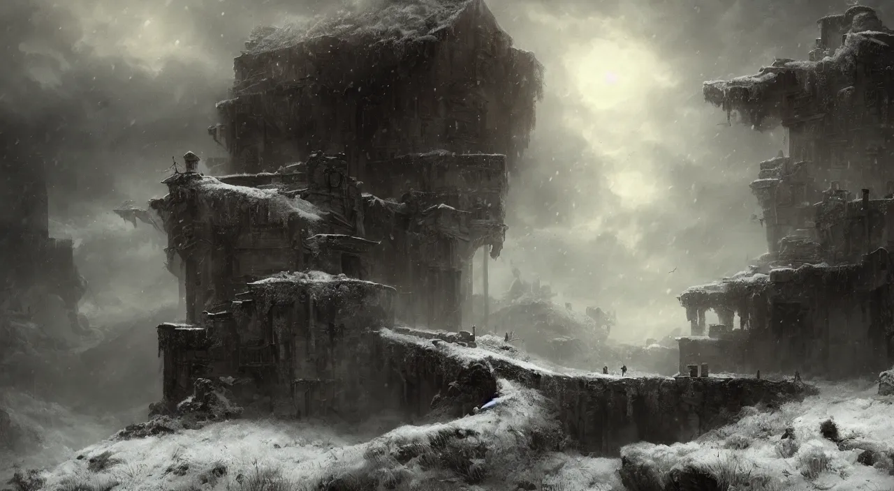 Prompt: abandoned fortress melancholy tundra. andreas achenbach, artgerm, mikko lagerstedt, zack snyder, tokujin yoshioka