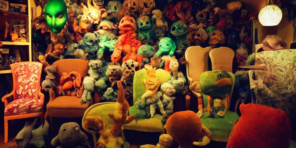 Prompt: alien head and hands barely seen, a room full of different chairs and stuffed animals, warm lights, cozy feeling, eerie, grainy, vibrant colors