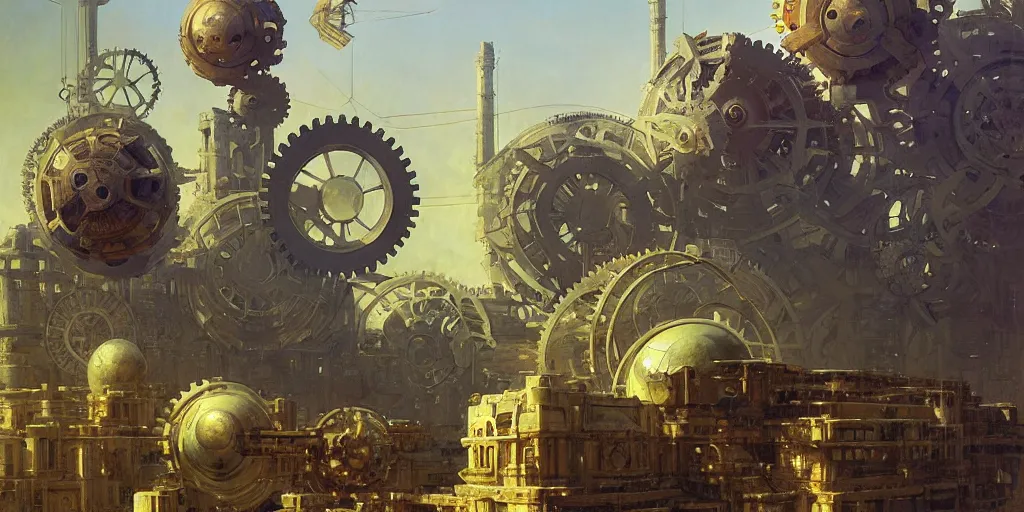 Image similar to giant interlocked gears cogs, giant geometric mechanisms floating in space, industry, villages castles, buildings vista artstation illustration sharp focus vista painted by ruan jia raymond swanland lawrence alma tadema zdzislaw beksinski norman rockwell tom lovell alex malveda greg staples