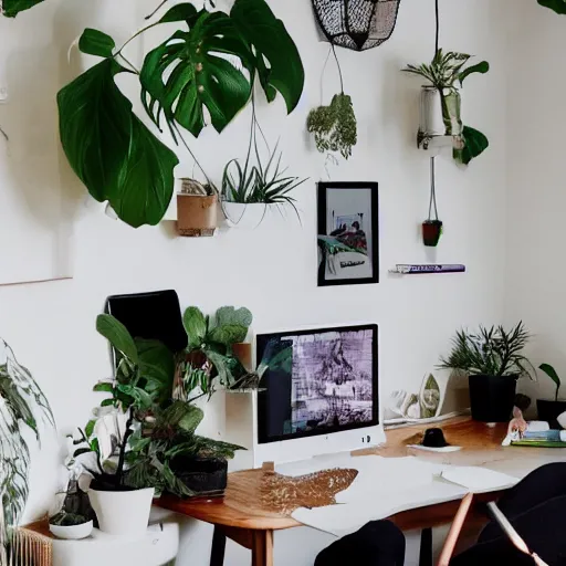 Prompt: a cozy HYGGE gaming station, dim lights, many plants, night