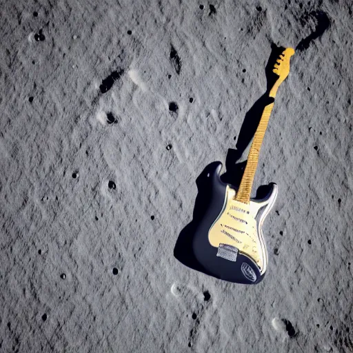 Prompt: photo of a stratocaster electric guitar standing idle on the moon. detailed. 8k