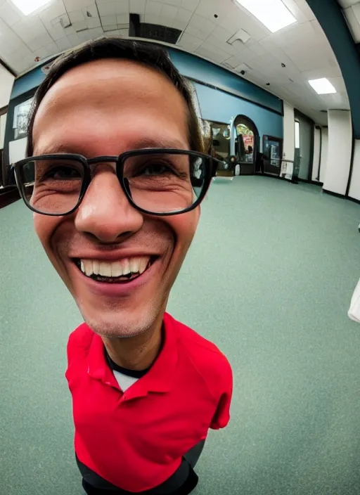 Prompt: ymca worker smiling and giving a tums up. fisheye lens