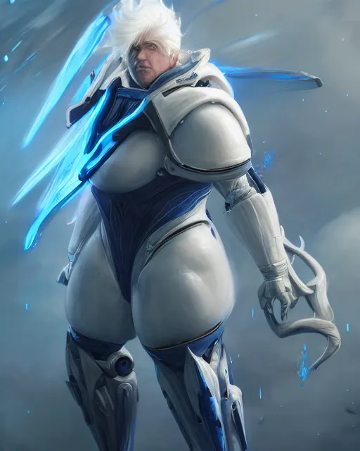 Image similar to obese white haired man, warframe armor, beautiful, pretty face, blue eyes, detailed, windy weather, scifi, platform, laboratory, experiment, 4 k, ultra realistic, epic lighting, high detail, masterpiece, by akihito tsukushi, charlie bowater, ross tran