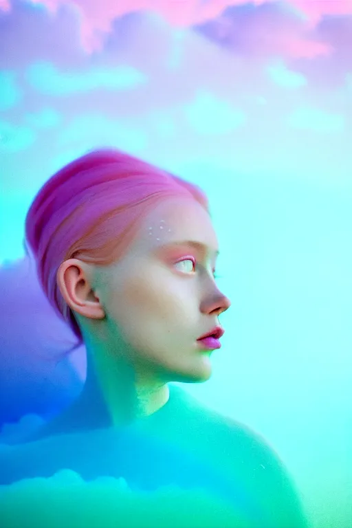 Image similar to high quality pastel coloured film close up wide angle photograph of a model wearing clothing swimming on cloud furniture in a icelandic black rock!! environment in a partially haze filled dreamstate world. three point light, rainbow. photographic production. art directed. pastel colours. volumetric clouds. pastel gradient overlay. waves glitch artefacts. extreme facial clarity. 8 k. filmic.