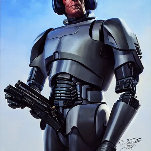 Image similar to greg manchess portrait painting of peter weller combined with the robocop as overwatch character, 8 0 ies aesthetic, medium shot, asymmetrical, profile picture, organic painting, sunny day, matte painting, bold shapes, hard edges, street art, trending on artstation, by huang guangjian and gil elvgren and sachin teng